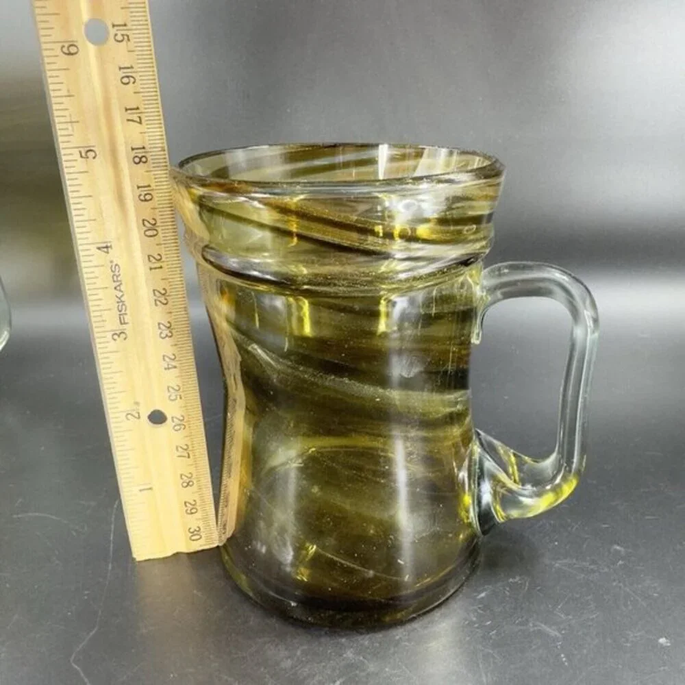 Art Glass Mug‎ Cup With Applied Clear Handle Green Black Swirls Lines Hand Made